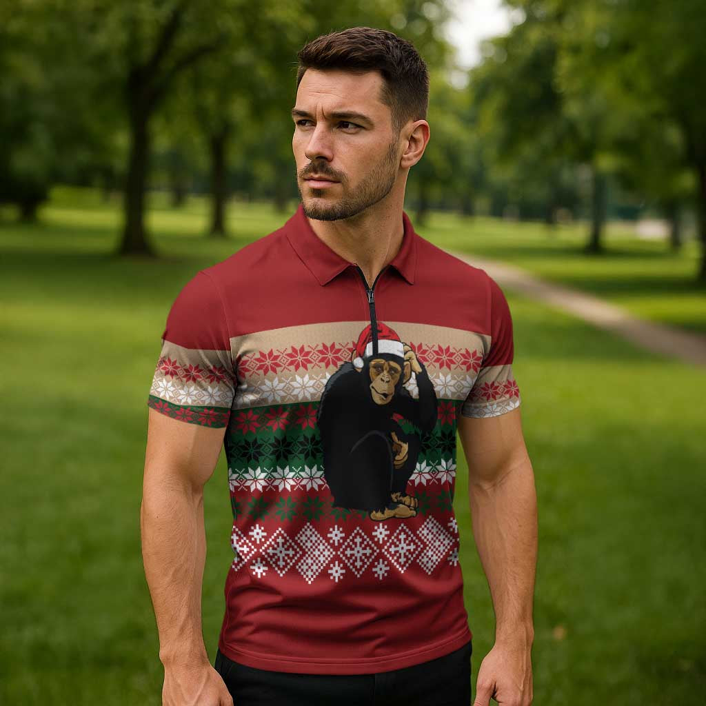 Chimpanzee Christmas Zipper Polo Shirt Chimpanzee Wearing Santa Hat - Red Green Snowflake - Wonder Print Shop