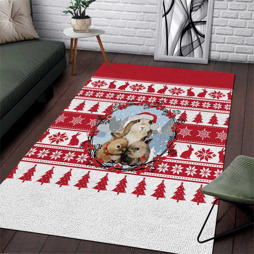 Christmas Santa Bunny Rabbits Area Rug Red White Tree Snowflake Pattern - Wonder Print Shop