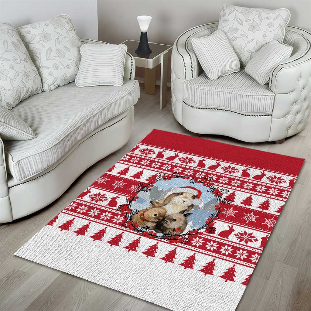 Christmas Santa Bunny Rabbits Area Rug Red White Tree Snowflake Pattern - Wonder Print Shop