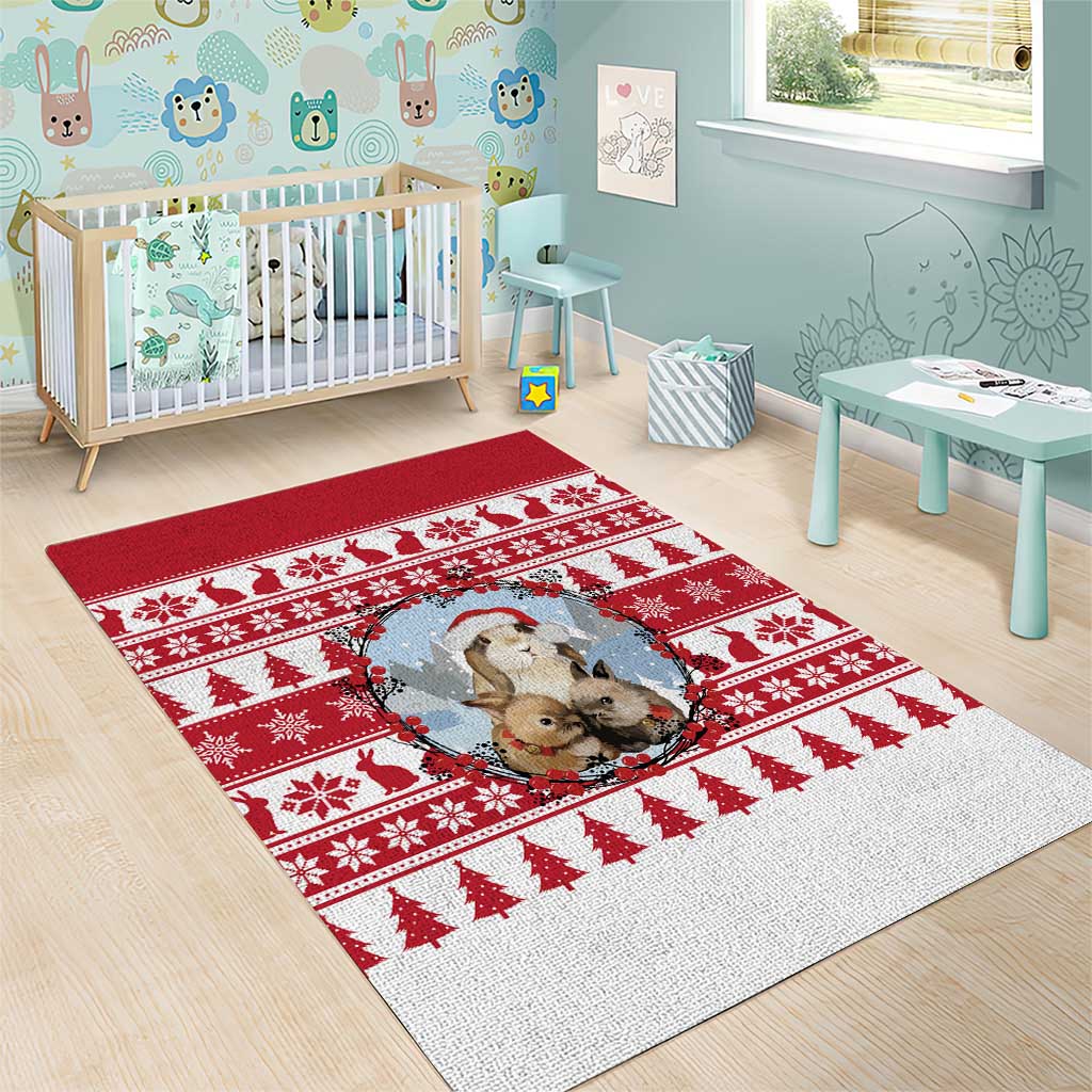 Christmas Santa Bunny Rabbits Area Rug Red White Tree Snowflake Pattern - Wonder Print Shop