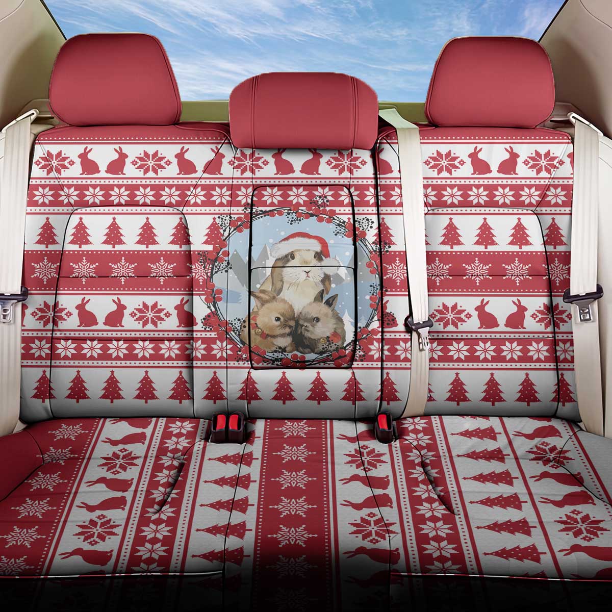 Christmas Santa Bunny Rabbits Back Car Seat Cover Red White Tree Snowflake Pattern - Wonder Print Shop