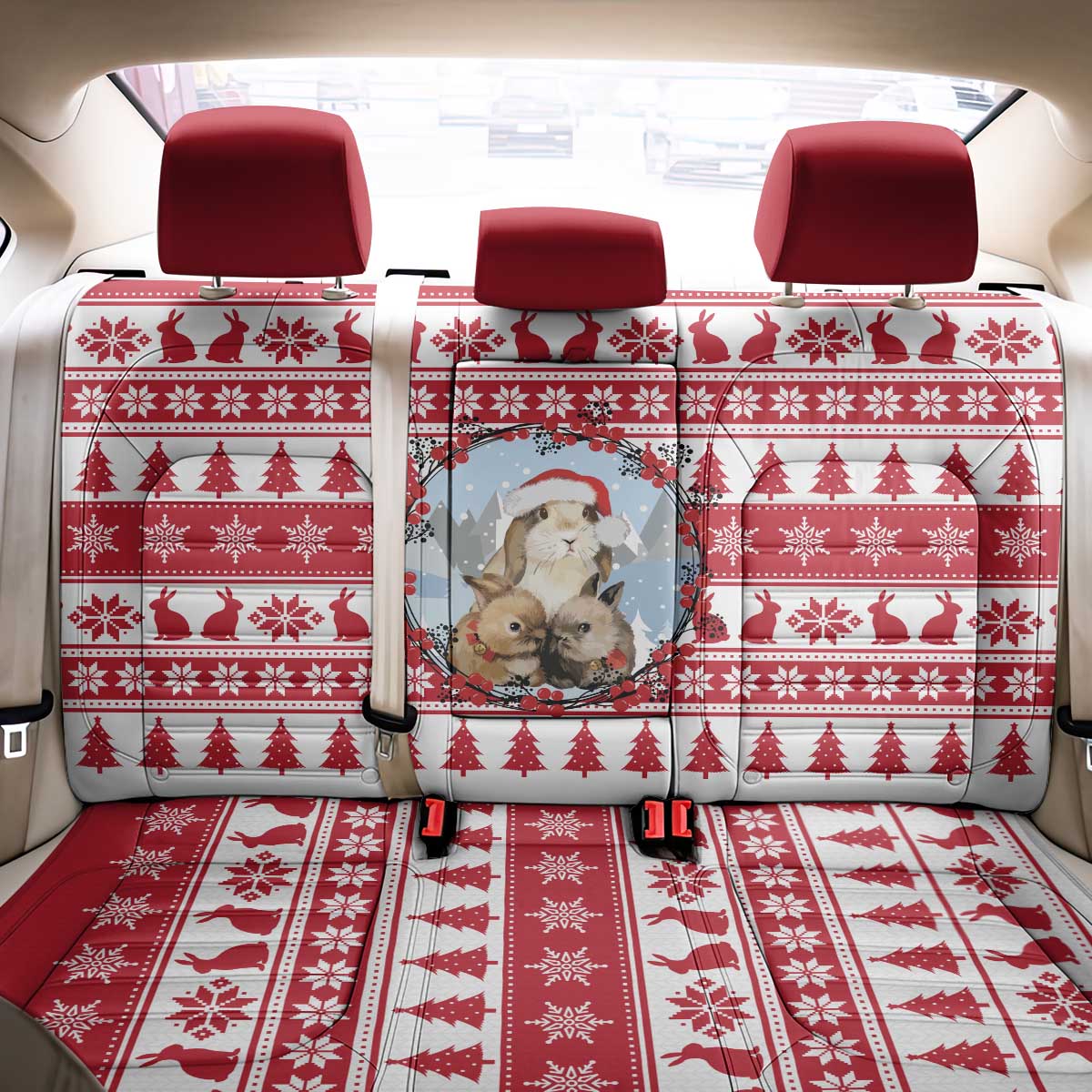 Christmas Santa Bunny Rabbits Back Car Seat Cover Red White Tree Snowflake Pattern - Wonder Print Shop