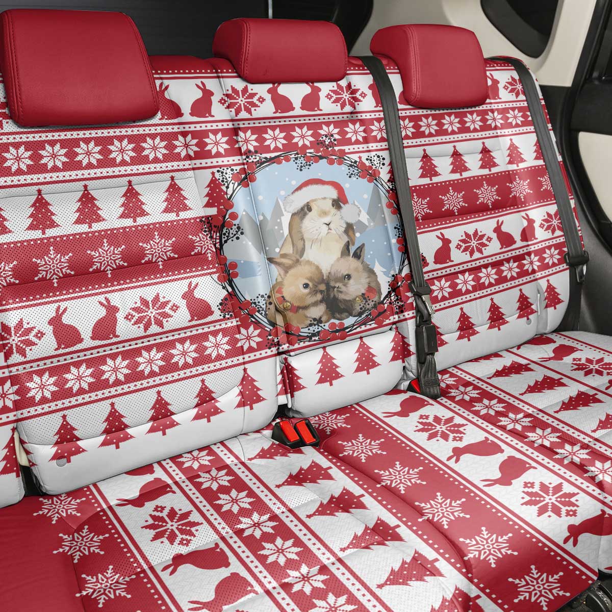 Christmas Santa Bunny Rabbits Back Car Seat Cover Red White Tree Snowflake Pattern - Wonder Print Shop