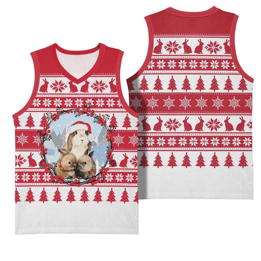 Christmas Santa Bunny Rabbits Basketball Jersey Red White Tree Snowflake Pattern - Wonder Print Shop