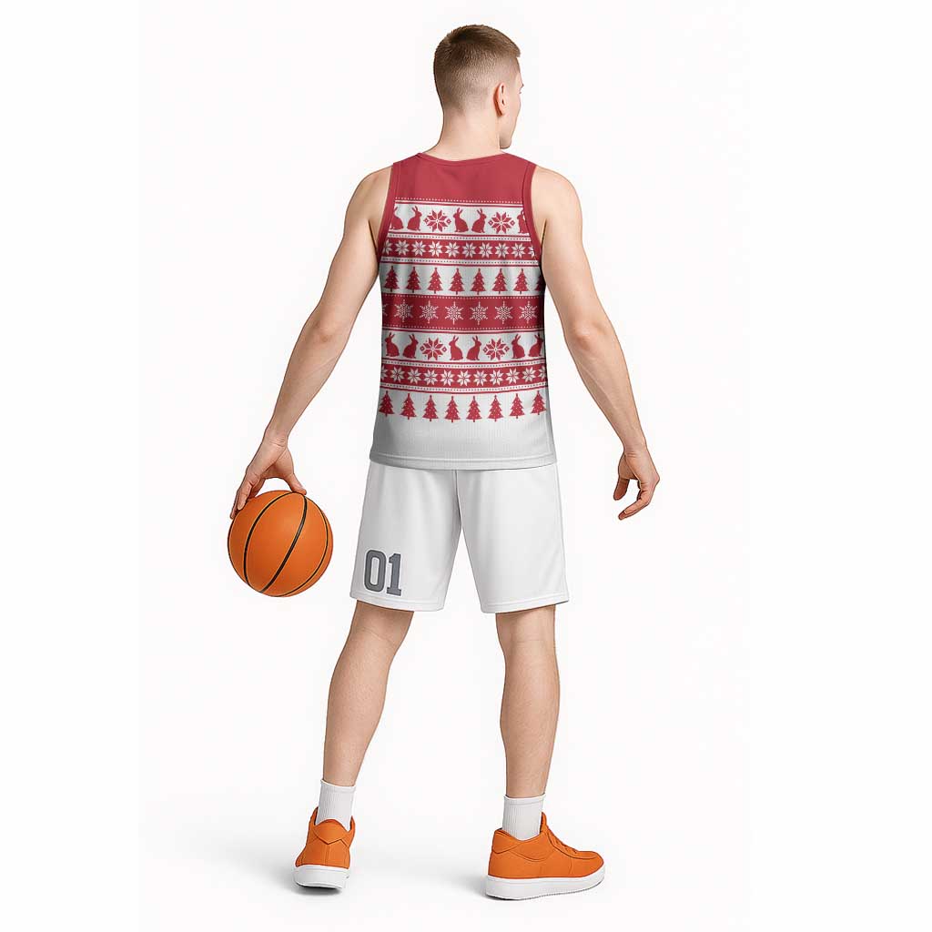 Christmas Santa Bunny Rabbits Basketball Jersey Red White Tree Snowflake Pattern - Wonder Print Shop