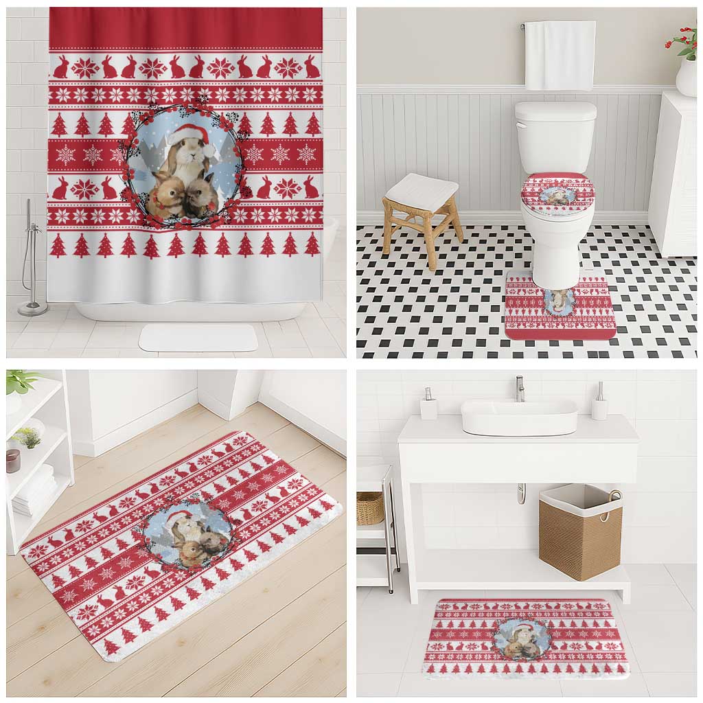 Christmas Santa Bunny Rabbits Bathroom Set Red White Tree Snowflake Pattern - Wonder Print Shop