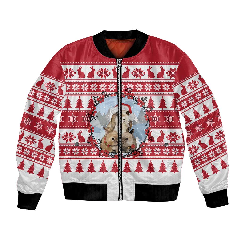 Christmas Santa Bunny Rabbits Bomber Jacket Red White Tree Snowflake Pattern - Wonder Print Shop