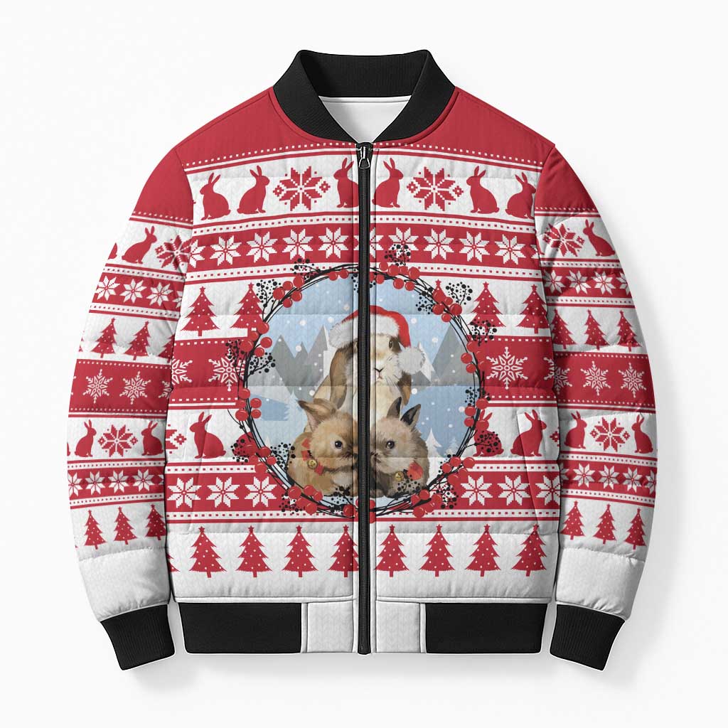 Christmas Santa Bunny Rabbits Bomber Puffer Jacket Red White Tree Snowflake Pattern - Wonder Print Shop