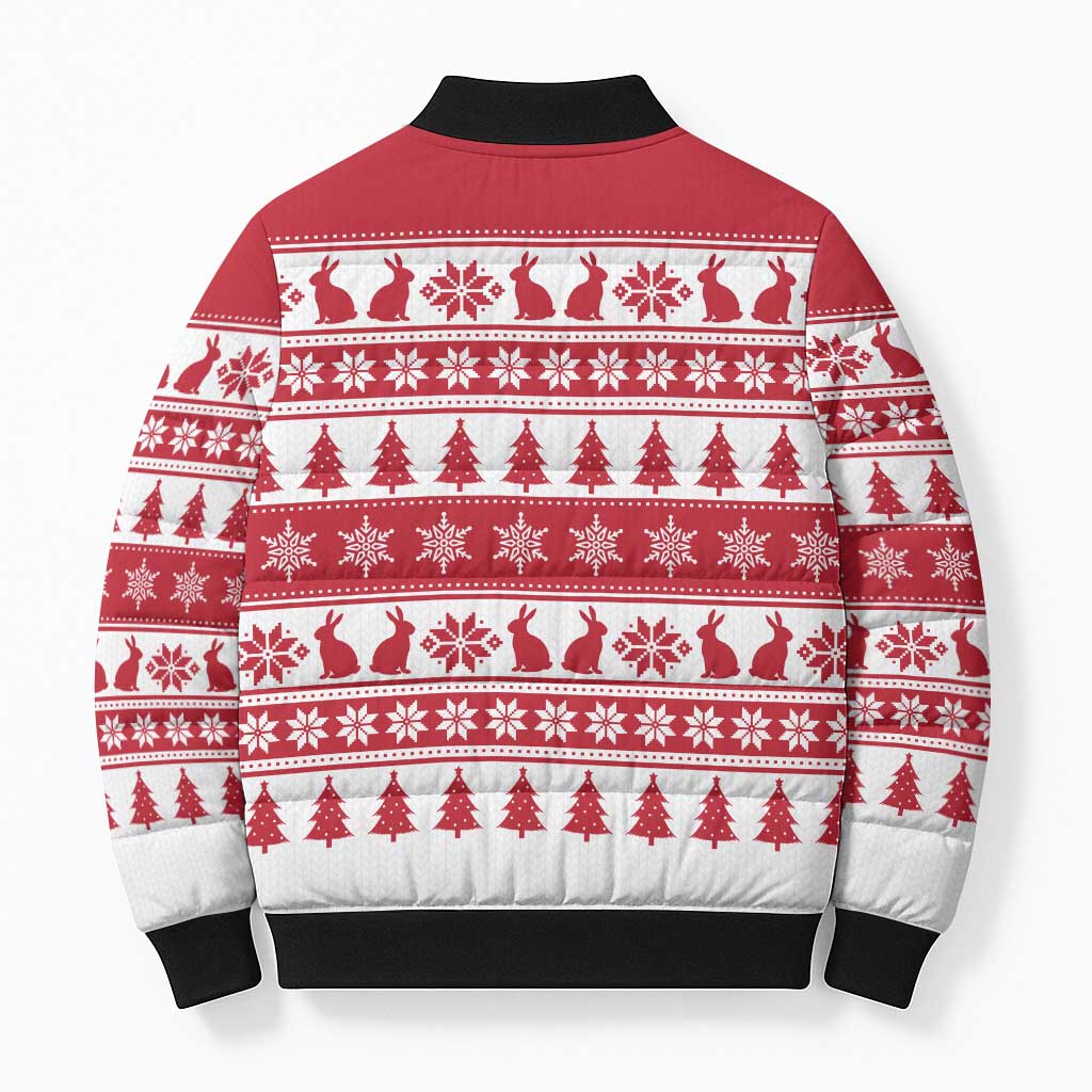 Christmas Santa Bunny Rabbits Bomber Puffer Jacket Red White Tree Snowflake Pattern - Wonder Print Shop