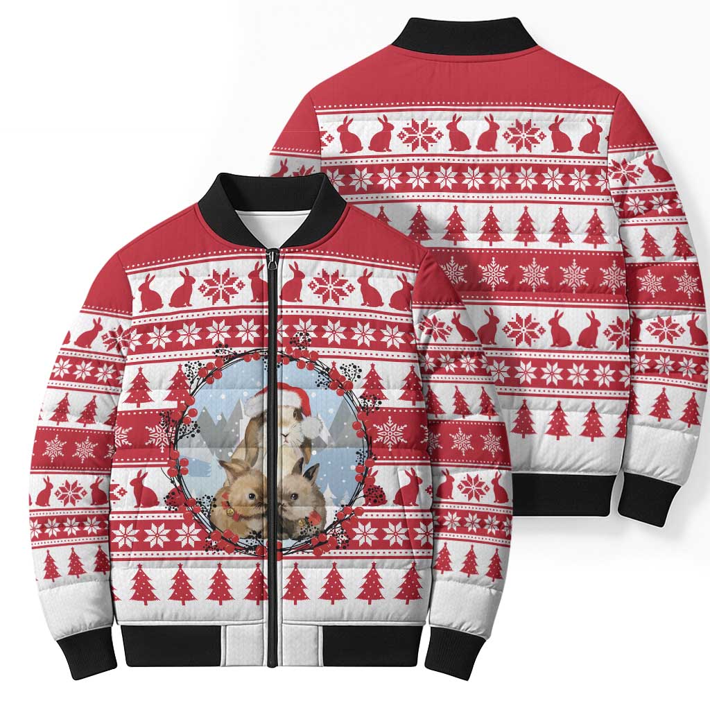 Christmas Santa Bunny Rabbits Bomber Puffer Jacket Red White Tree Snowflake Pattern - Wonder Print Shop