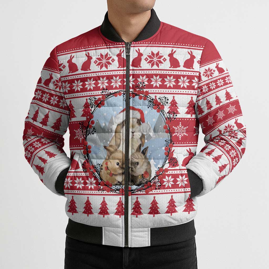 Christmas Santa Bunny Rabbits Bomber Puffer Jacket Red White Tree Snowflake Pattern - Wonder Print Shop