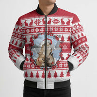 Christmas Santa Bunny Rabbits Bomber Puffer Jacket Red White Tree Snowflake Pattern - Wonder Print Shop