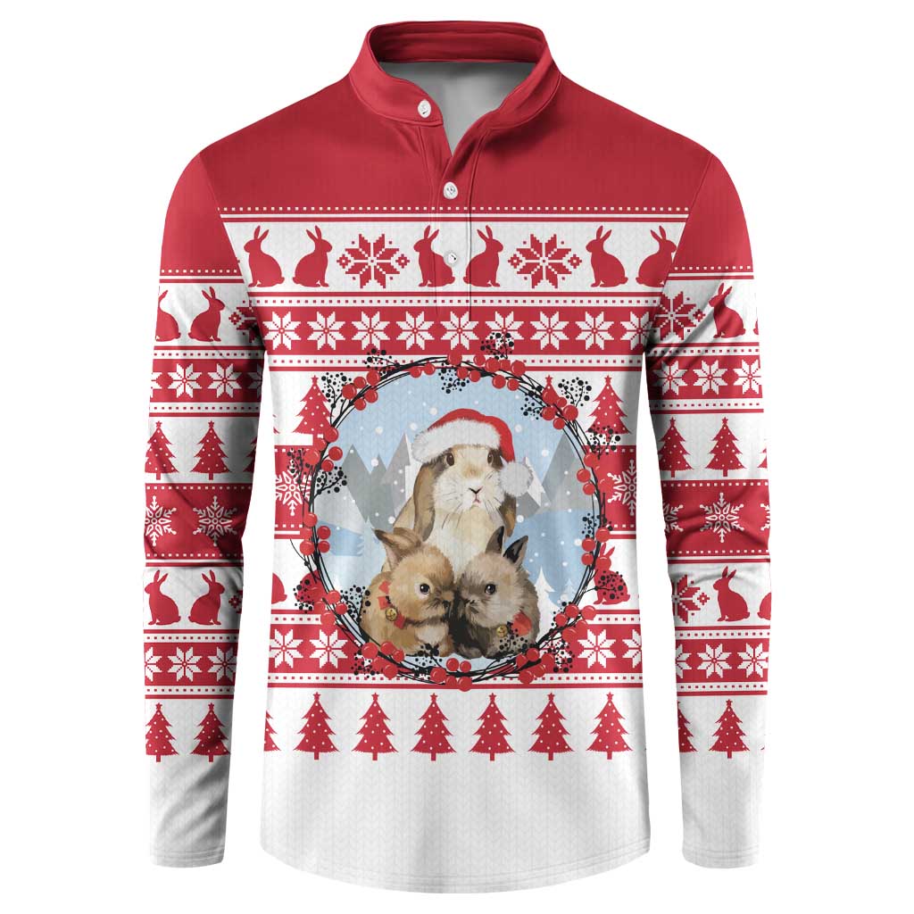 Christmas Santa Bunny Rabbits Button Sweatshirt Red White Tree Snowflake Pattern - Wonder Print Shop