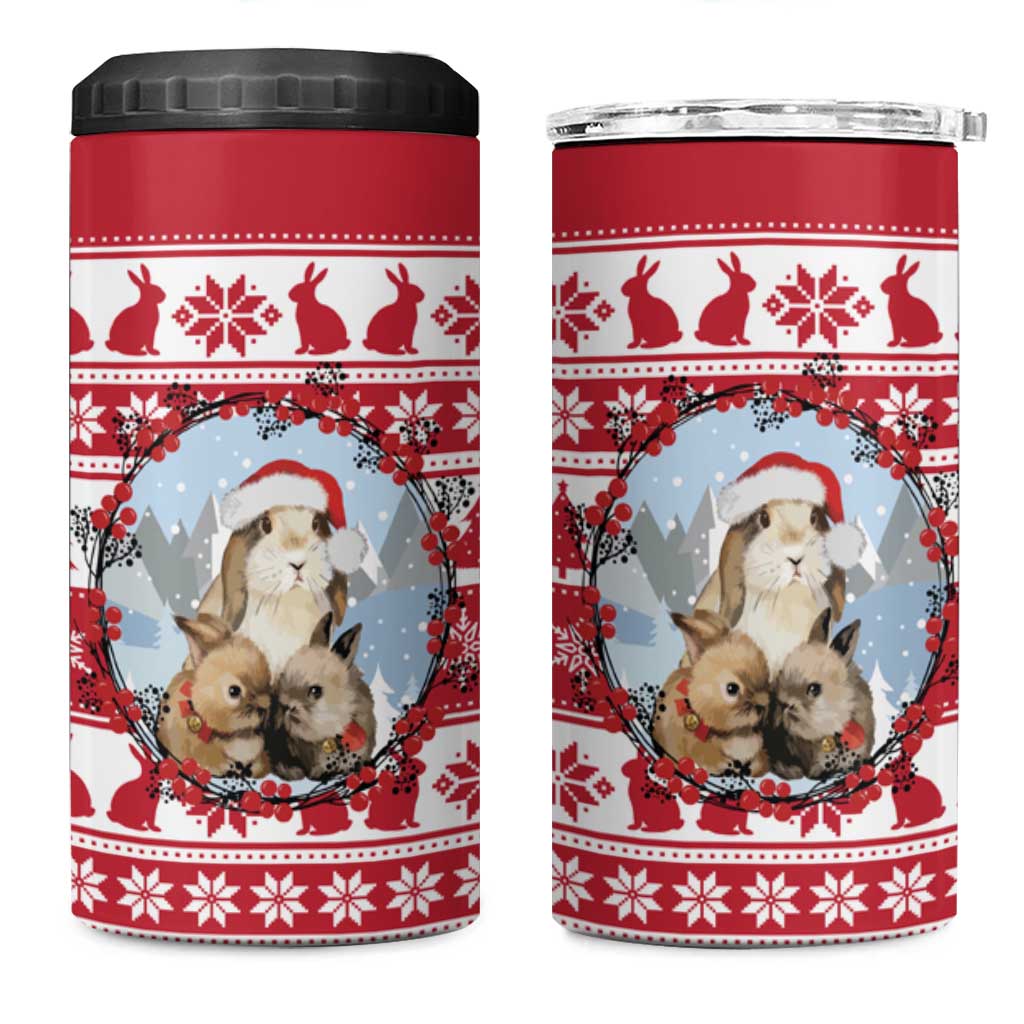 Christmas Santa Bunny Rabbits 4 in 1 Can Cooler Tumbler Red White Tree Snowflake Pattern - Wonder Print Shop