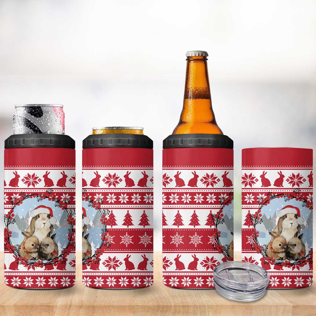 Christmas Santa Bunny Rabbits 4 in 1 Can Cooler Tumbler Red White Tree Snowflake Pattern - Wonder Print Shop