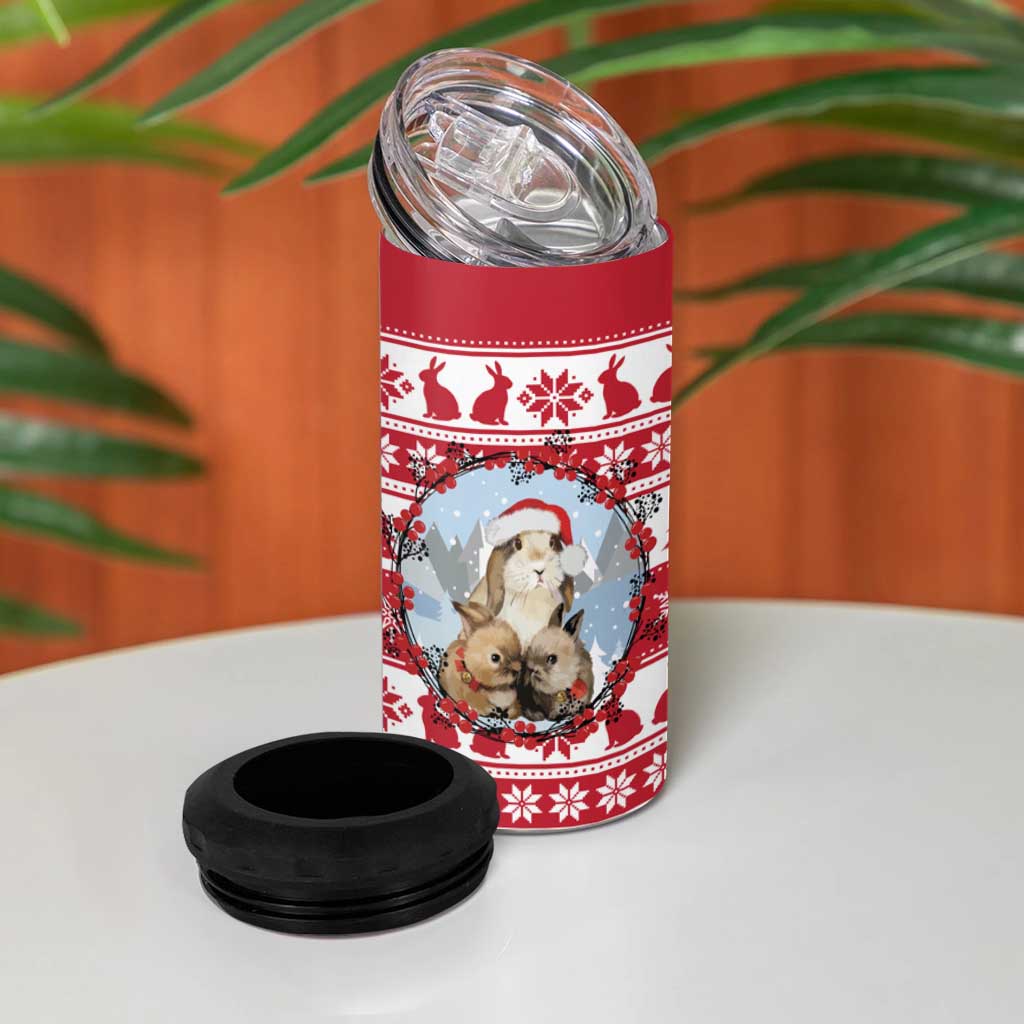 Christmas Santa Bunny Rabbits 4 in 1 Can Cooler Tumbler Red White Tree Snowflake Pattern - Wonder Print Shop