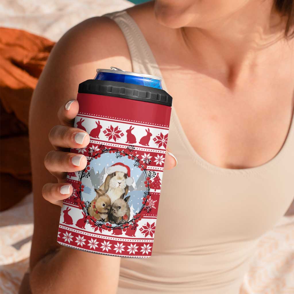 Christmas Santa Bunny Rabbits 4 in 1 Can Cooler Tumbler Red White Tree Snowflake Pattern - Wonder Print Shop