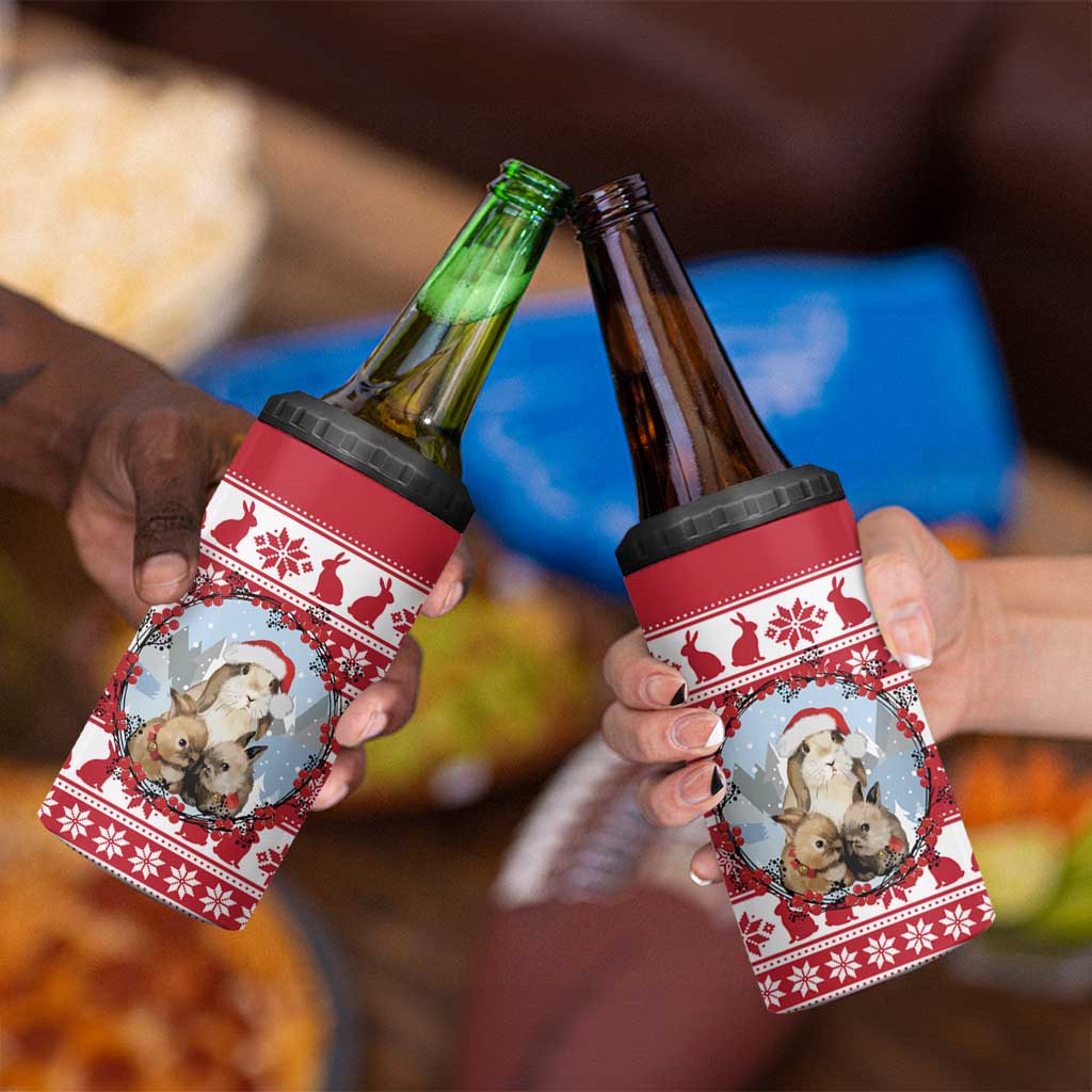 Christmas Santa Bunny Rabbits 4 in 1 Can Cooler Tumbler Red White Tree Snowflake Pattern - Wonder Print Shop