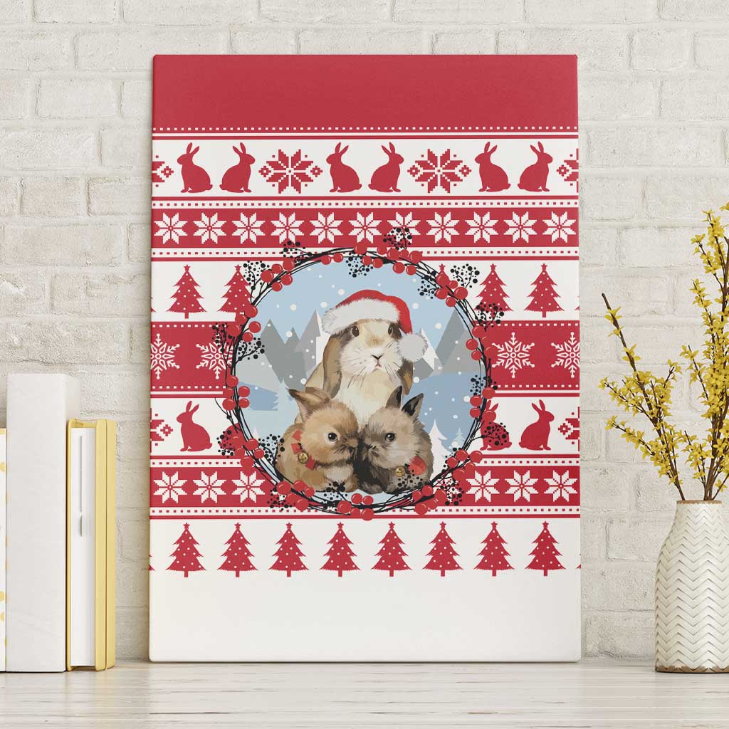 Christmas Santa Bunny Rabbits Canvas Wall Art Red White Tree Snowflake Pattern - Wonder Print Shop
