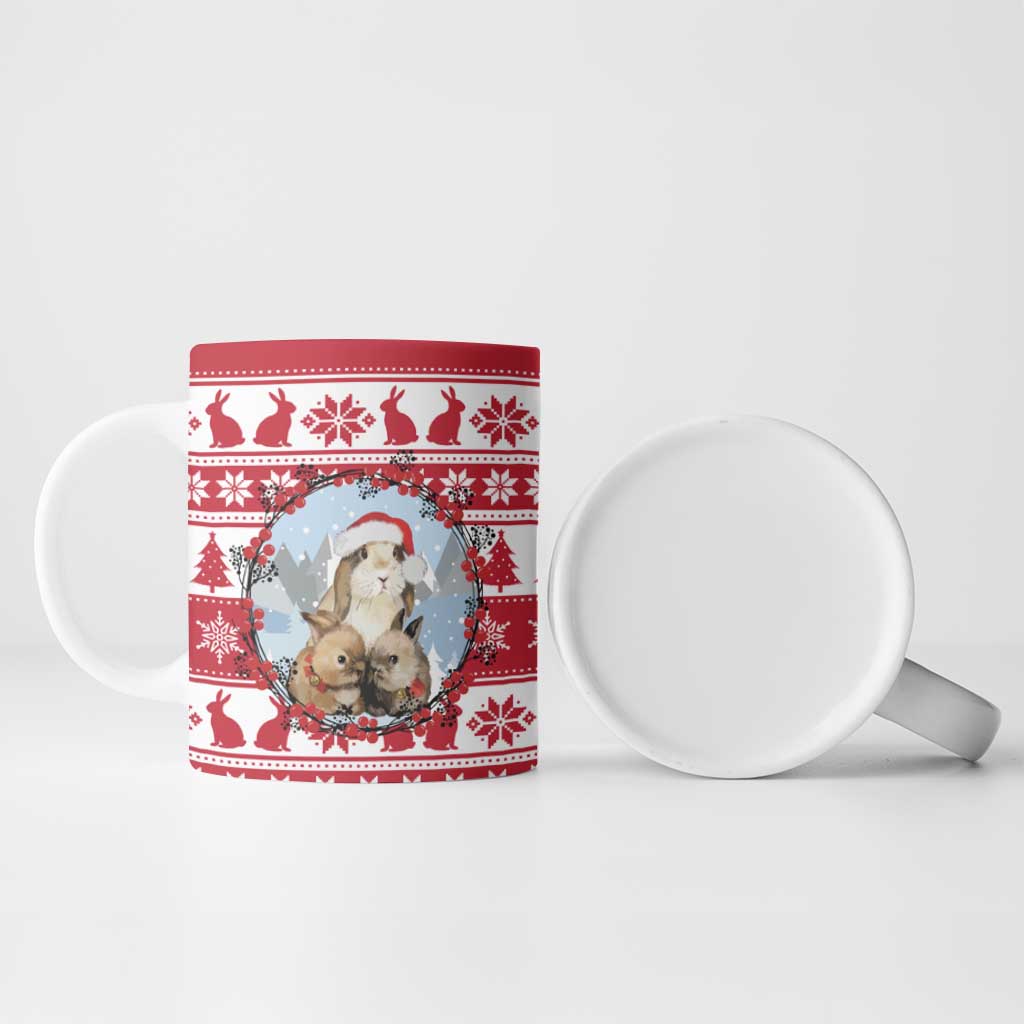 Christmas Santa Bunny Rabbits Ceramic Mug Red White Tree Snowflake Pattern - Wonder Print Shop