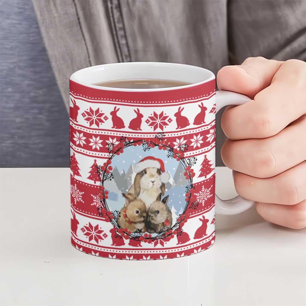 Christmas Santa Bunny Rabbits Ceramic Mug Red White Tree Snowflake Pattern - Wonder Print Shop