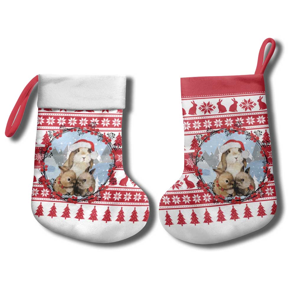Christmas Santa Bunny Rabbits Christmas Stocking Red White Tree Snowflake Pattern - Wonder Print Shop