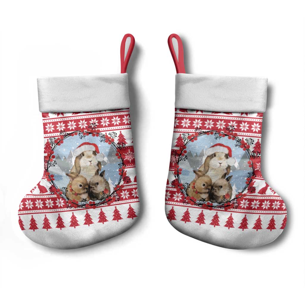 Christmas Santa Bunny Rabbits Christmas Stocking Red White Tree Snowflake Pattern - Wonder Print Shop
