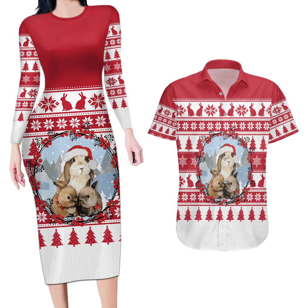Christmas Santa Bunny Rabbits Couples Matching Long Sleeve Bodycon Dress and Hawaiian Shirt Red White Tree Snowflake Pattern - Wonder Print Shop