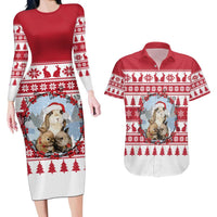 Christmas Santa Bunny Rabbits Couples Matching Long Sleeve Bodycon Dress and Hawaiian Shirt Red White Tree Snowflake Pattern - Wonder Print Shop