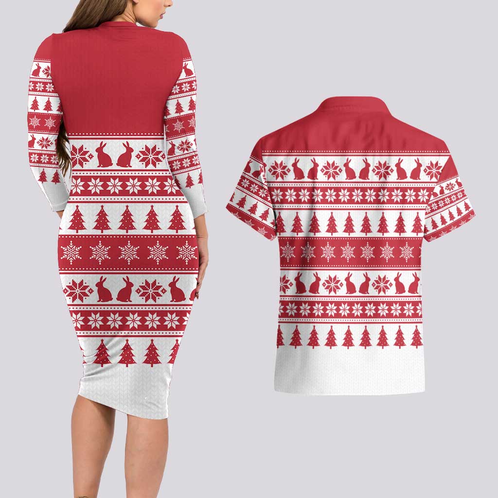 Christmas Santa Bunny Rabbits Couples Matching Long Sleeve Bodycon Dress and Hawaiian Shirt Red White Tree Snowflake Pattern - Wonder Print Shop