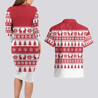 Christmas Santa Bunny Rabbits Couples Matching Long Sleeve Bodycon Dress and Hawaiian Shirt Red White Tree Snowflake Pattern - Wonder Print Shop