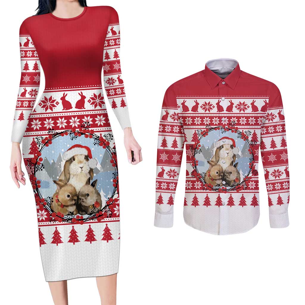 Christmas Santa Bunny Rabbits Couples Matching Long Sleeve Bodycon Dress and Long Sleeve Button Shirt Red White Tree Snowflake Pattern - Wonder Print Shop