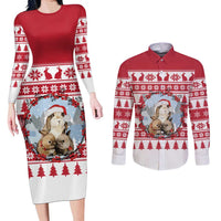 Christmas Santa Bunny Rabbits Couples Matching Long Sleeve Bodycon Dress and Long Sleeve Button Shirt Red White Tree Snowflake Pattern - Wonder Print Shop