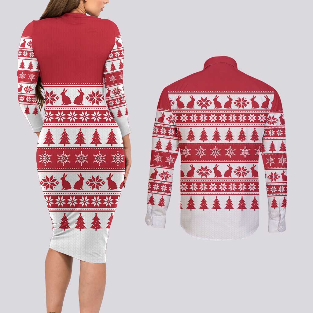 Christmas Santa Bunny Rabbits Couples Matching Long Sleeve Bodycon Dress and Long Sleeve Button Shirt Red White Tree Snowflake Pattern - Wonder Print Shop