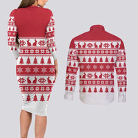 Christmas Santa Bunny Rabbits Couples Matching Long Sleeve Bodycon Dress and Long Sleeve Button Shirt Red White Tree Snowflake Pattern - Wonder Print Shop