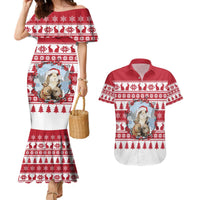 Christmas Santa Bunny Rabbits Couples Matching Mermaid Dress and Hawaiian Shirt Red White Tree Snowflake Pattern - Wonder Print Shop