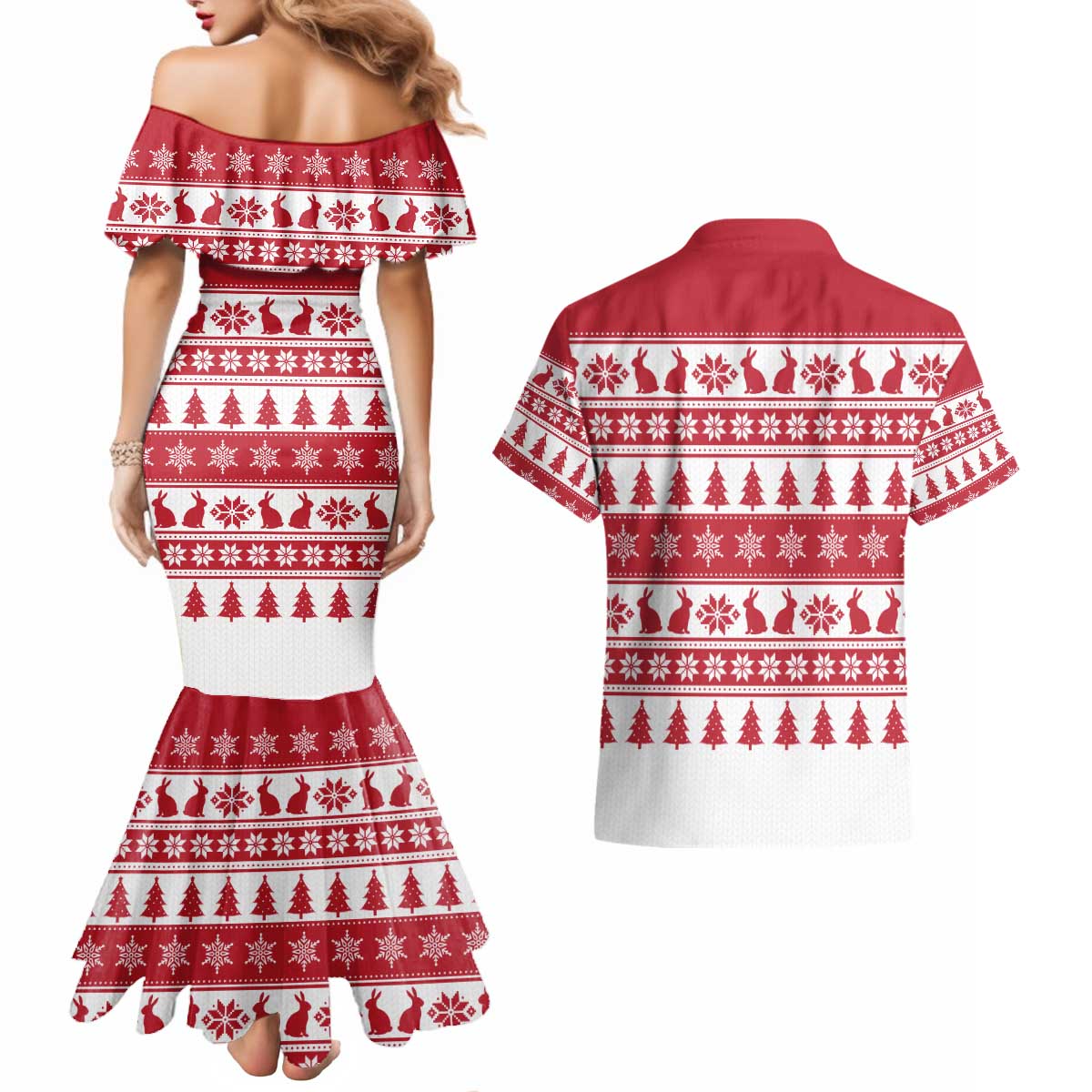 Christmas Santa Bunny Rabbits Couples Matching Mermaid Dress and Hawaiian Shirt Red White Tree Snowflake Pattern - Wonder Print Shop
