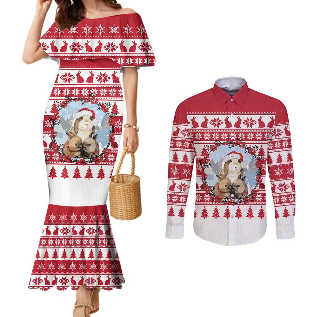 Christmas Santa Bunny Rabbits Couples Matching Mermaid Dress and Long Sleeve Button Shirt Red White Tree Snowflake Pattern - Wonder Print Shop