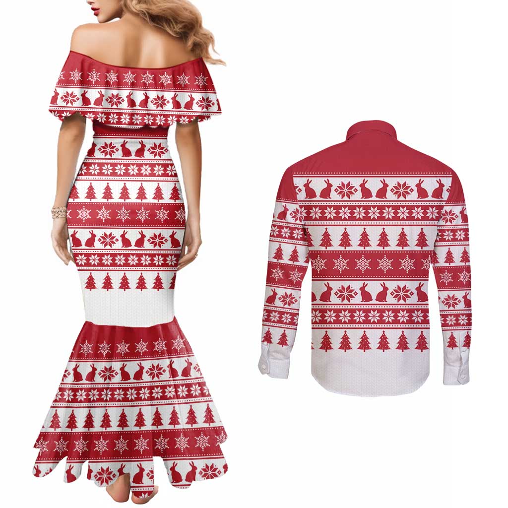 Christmas Santa Bunny Rabbits Couples Matching Mermaid Dress and Long Sleeve Button Shirt Red White Tree Snowflake Pattern - Wonder Print Shop