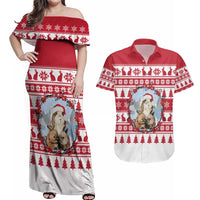 Christmas Santa Bunny Rabbits Couples Matching Off Shoulder Maxi Dress and Hawaiian Shirt Red White Tree Snowflake Pattern - Wonder Print Shop