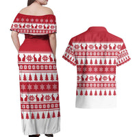 Christmas Santa Bunny Rabbits Couples Matching Off Shoulder Maxi Dress and Hawaiian Shirt Red White Tree Snowflake Pattern - Wonder Print Shop