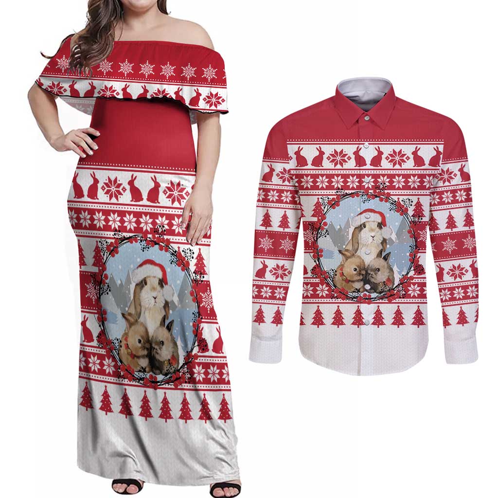 Christmas Santa Bunny Rabbits Couples Matching Off Shoulder Maxi Dress and Long Sleeve Button Shirt Red White Tree Snowflake Pattern - Wonder Print Shop