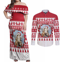 Christmas Santa Bunny Rabbits Couples Matching Off Shoulder Maxi Dress and Long Sleeve Button Shirt Red White Tree Snowflake Pattern - Wonder Print Shop