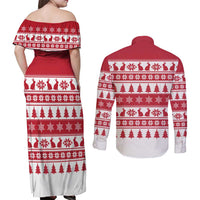 Christmas Santa Bunny Rabbits Couples Matching Off Shoulder Maxi Dress and Long Sleeve Button Shirt Red White Tree Snowflake Pattern - Wonder Print Shop