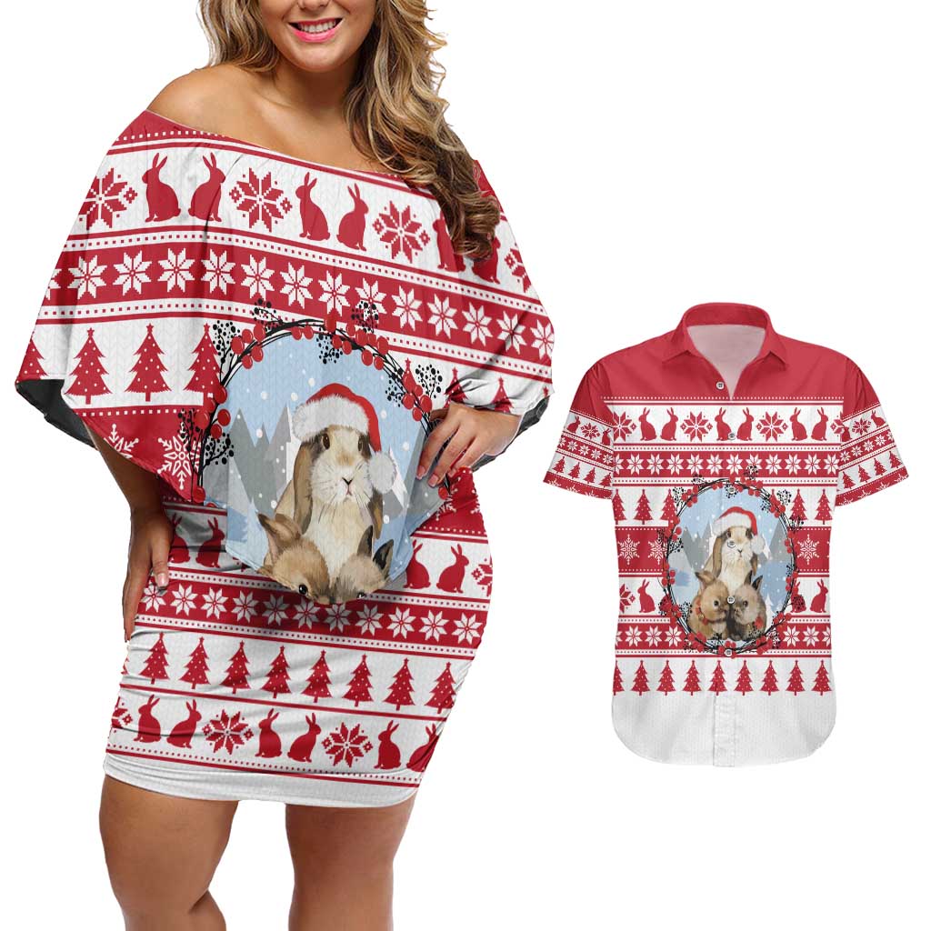 Christmas Santa Bunny Rabbits Couples Matching Off Shoulder Short Dress and Hawaiian Shirt Red White Tree Snowflake Pattern - Wonder Print Shop