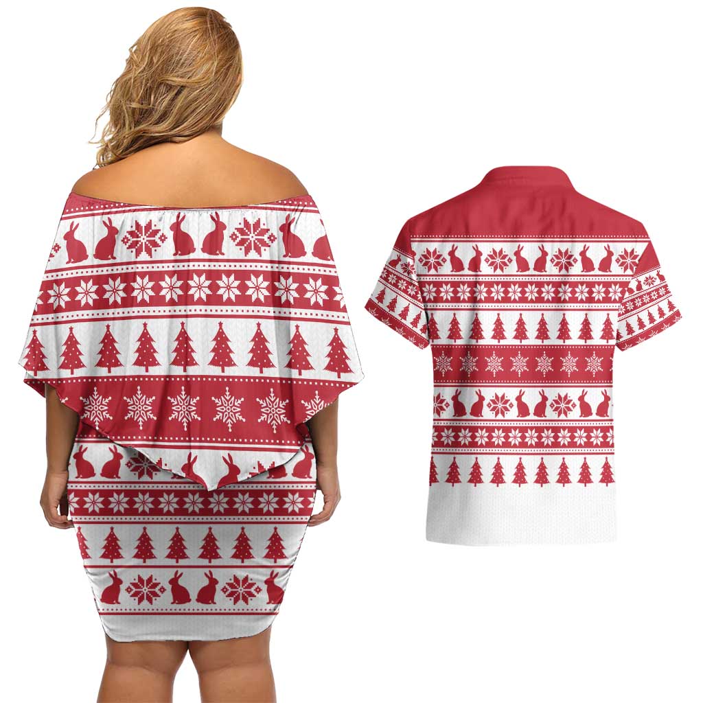 Christmas Santa Bunny Rabbits Couples Matching Off Shoulder Short Dress and Hawaiian Shirt Red White Tree Snowflake Pattern - Wonder Print Shop
