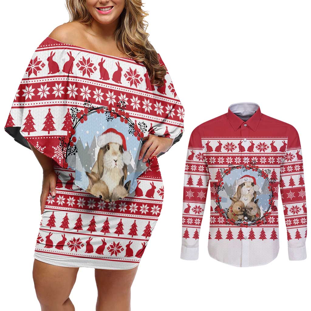 Christmas Santa Bunny Rabbits Couples Matching Off Shoulder Short Dress and Long Sleeve Button Shirt Red White Tree Snowflake Pattern - Wonder Print Shop