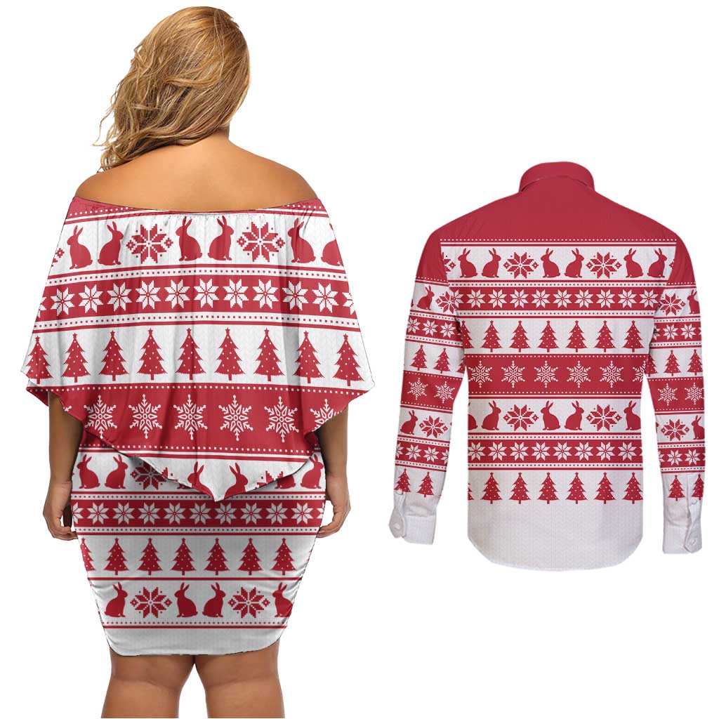 Christmas Santa Bunny Rabbits Couples Matching Off Shoulder Short Dress and Long Sleeve Button Shirt Red White Tree Snowflake Pattern - Wonder Print Shop
