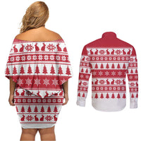 Christmas Santa Bunny Rabbits Couples Matching Off Shoulder Short Dress and Long Sleeve Button Shirt Red White Tree Snowflake Pattern - Wonder Print Shop