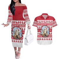Christmas Santa Bunny Rabbits Couples Matching Off The Shoulder Long Sleeve Dress and Hawaiian Shirt Red White Tree Snowflake Pattern - Wonder Print Shop